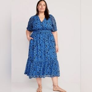 Old Navy Waist Defined V-Neck Midi Dress, XL, Blue Floral